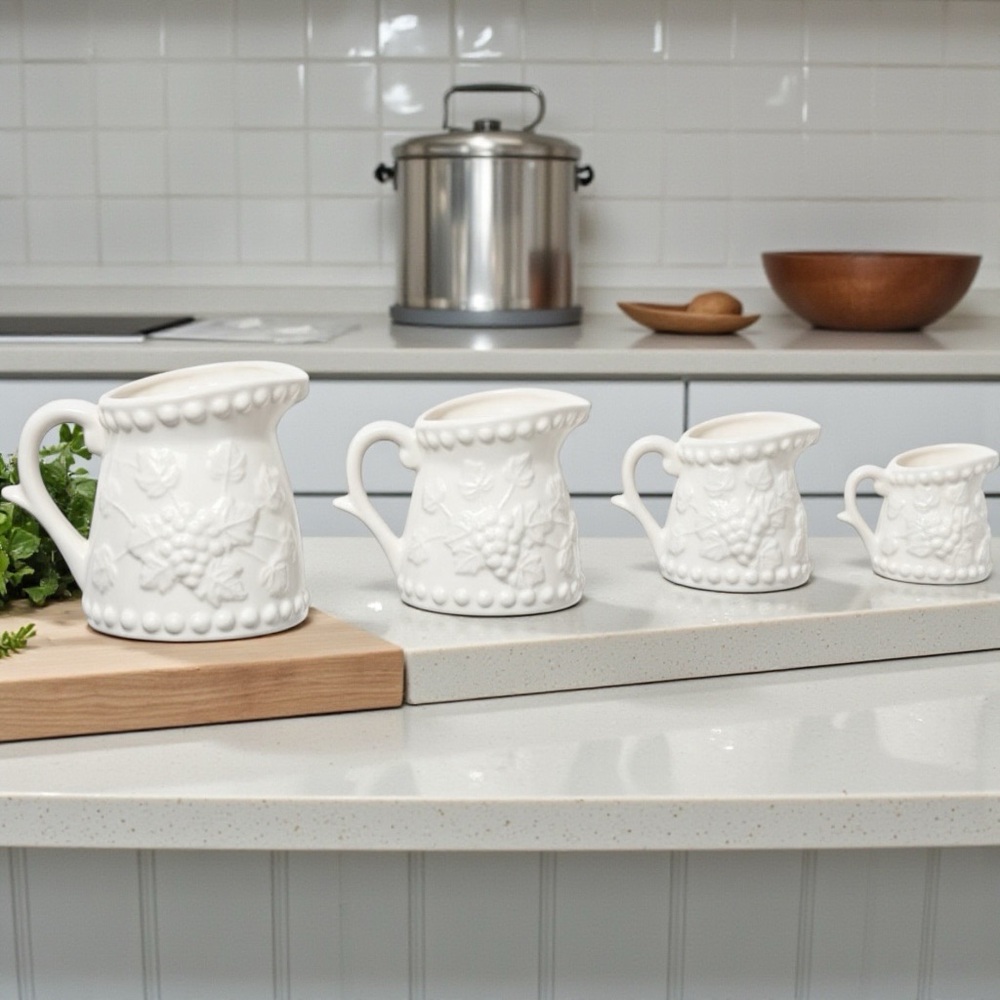 Vintage Napco White Ceramic measuring cups w/embossed grape &  vine design, 4.